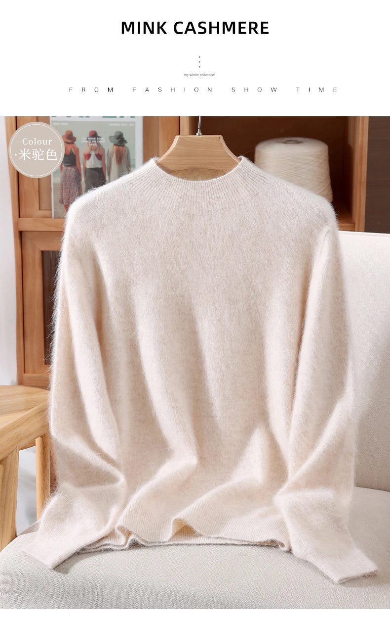 Women's Sweater Semi High Neck Autumn/Winter Pullover Long Sleeved High-End 100% Mink Fur Knitted Sweater Fashion Korean Version