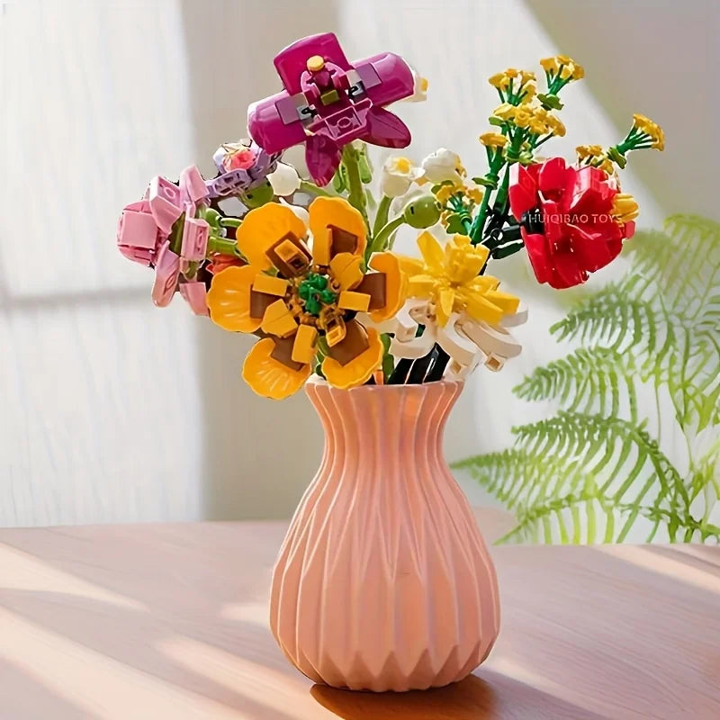 Flower Bouquet Building Set 18 Flowers Rose Sunflower Home Plant Decor, Birthday Gift for Adults Women