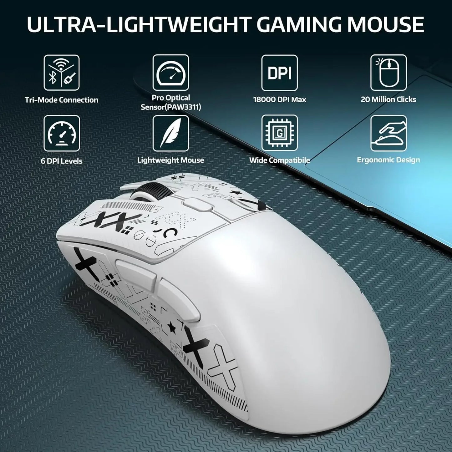 Original ATTACK SHARK R1 Wireless Gaming Mouse,Tri-Mode Connection (2.4G/Wired/BT5.2),55g Lightweight, for PC/Laptop/Win/Mac