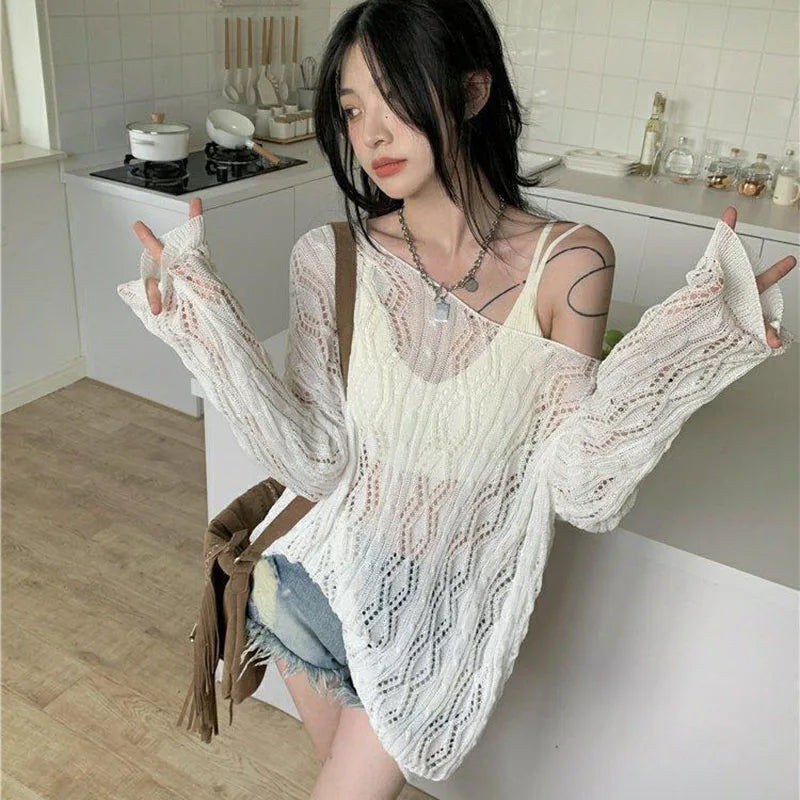 Fashion Two-Sided Wear Knitted Pullover Women Summer Thin Hollow Out Sunscreen Knitwear Woman Streetwear Loose See Through Tops