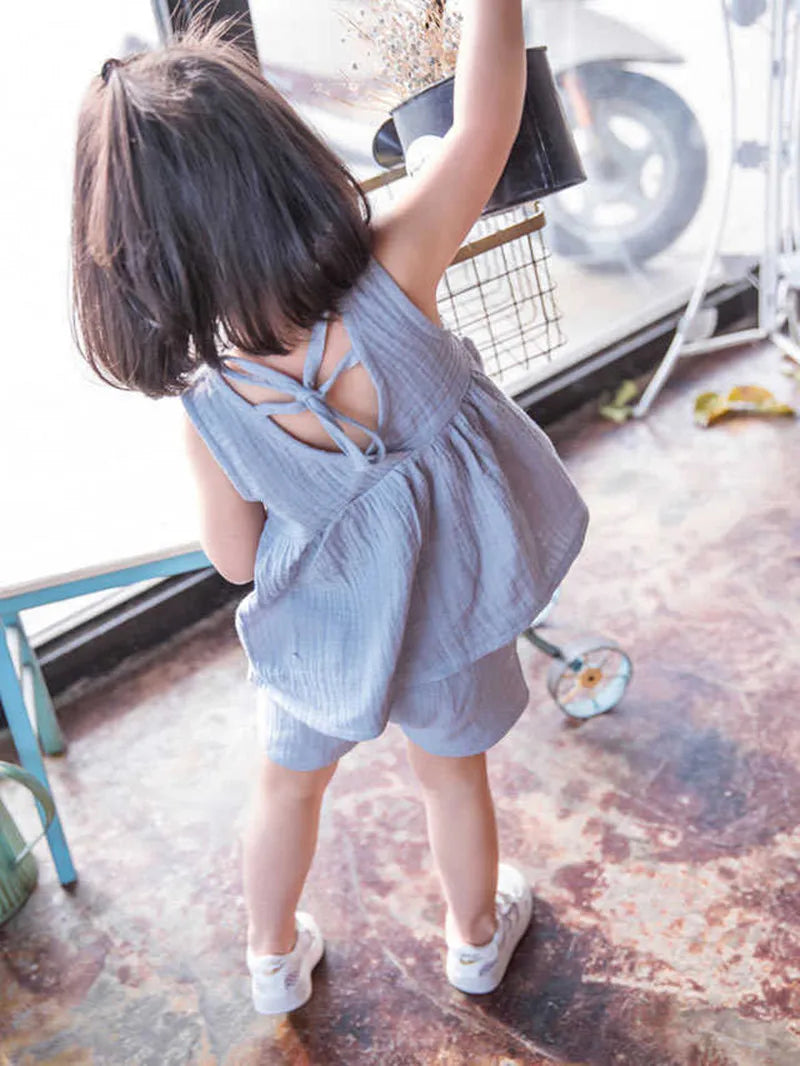 Baby Girls Outfits Clothes Summer Muslin Cotton Sleeveless Vest Dress Shorts Shirt Suits Fashion Top+Trousers Sets 2pcs 0-4T M