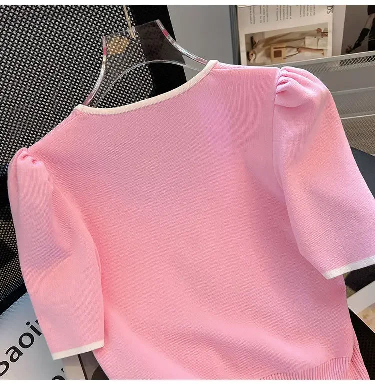Summer Sweater Women's Knit T-shirt Casual Short Sleeve Woman Clothes Versatile Square Collar Lady Pullover Knitwear Tops Jumper