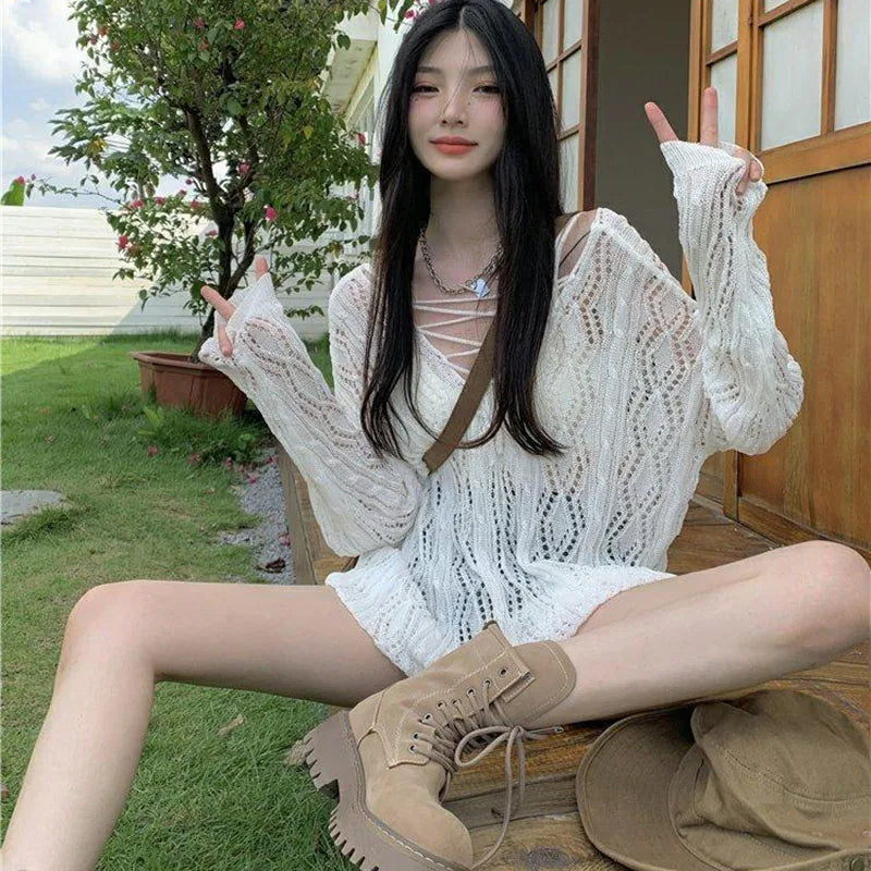Fashion Two-Sided Wear Knitted Pullover Women Summer Thin Hollow Out Sunscreen Knitwear Woman Streetwear Loose See Through Tops