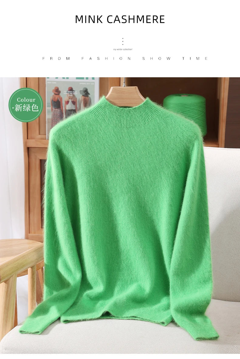 Women's Sweater Semi High Neck Autumn/Winter Pullover Long Sleeved High-End 100% Mink Fur Knitted Sweater Fashion Korean Version