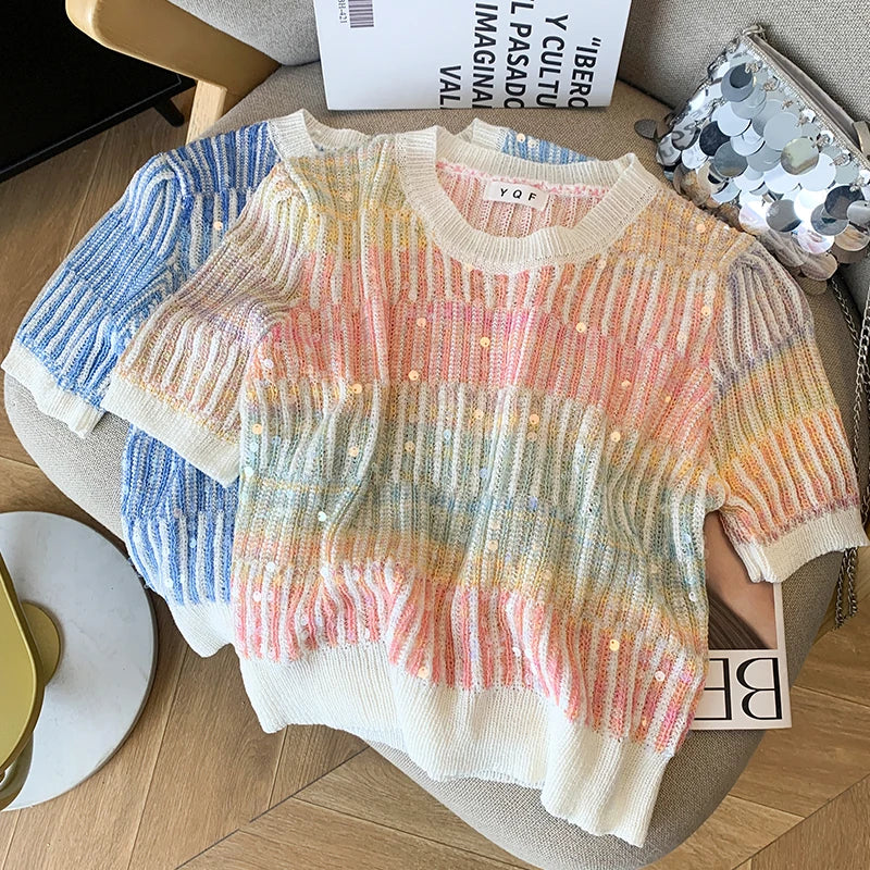 Summer Women's Sweater Sequins Striped Slim Knit Pullovers T-shirts Crop Tops Stylish Chic Fashion Short Sleeve O-neck Jumpers