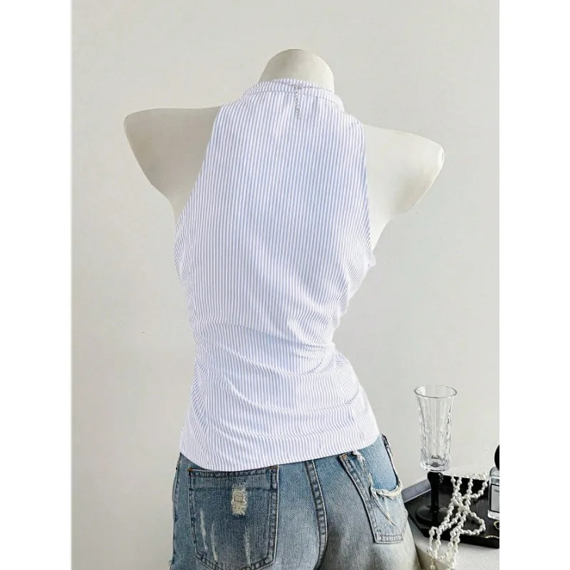 2025 Sexy Fashion Causal Stripe V Neck Sleeveless Holiday Design Plaid Skinny Halter Women Tank Chic Holiday Streetwear Tanks