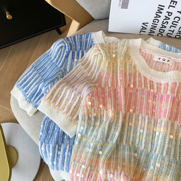 Summer Women's Sweater Sequins Striped Slim Knit Pullovers T-shirts Crop Tops Stylish Chic Fashion Short Sleeve O-neck Jumpers