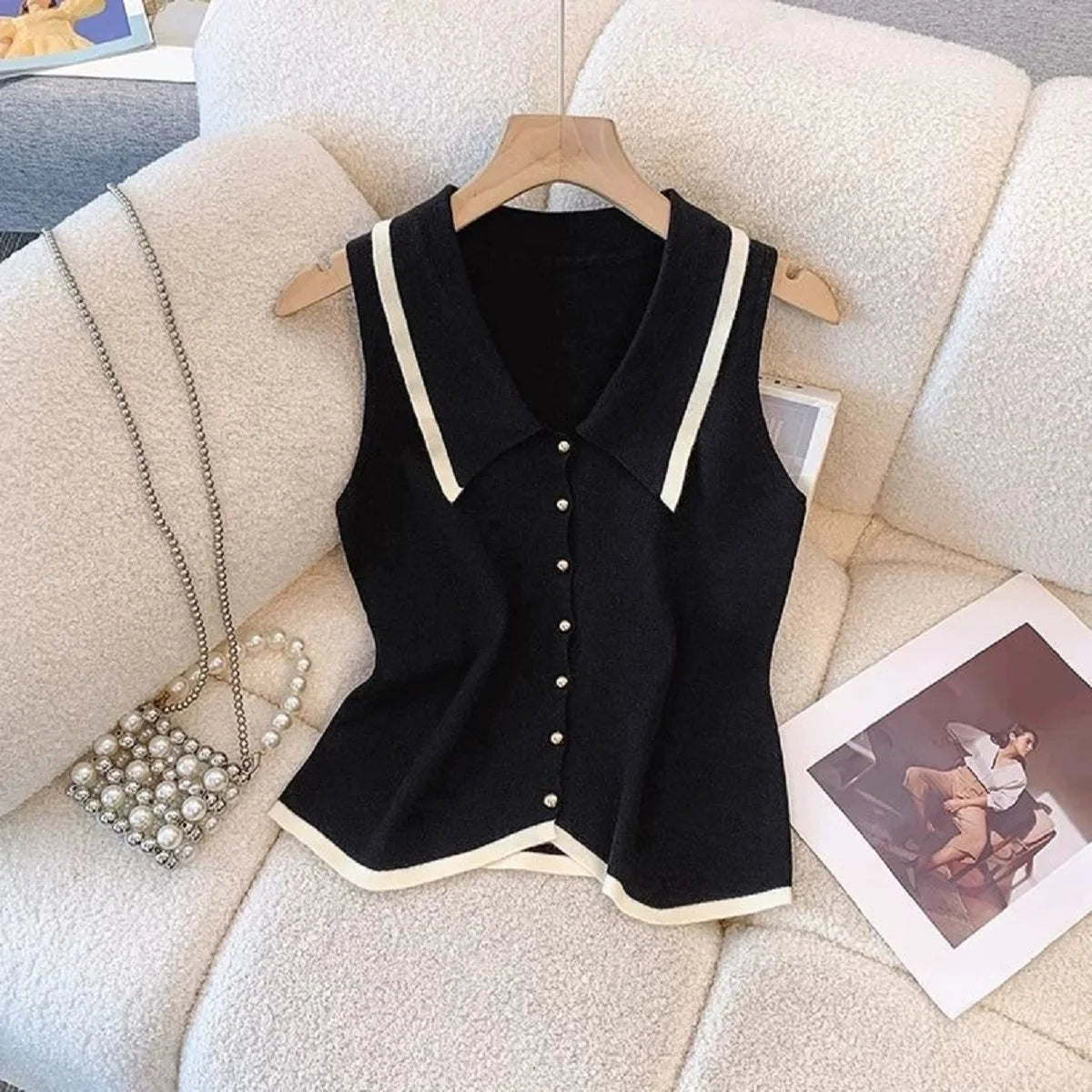 Women Summer Sweater Korean Fashion Polo Neck Slim Fit Knitted Vest Sleeveless Single Breasted Female Tank Top Clothing