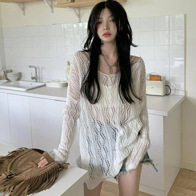 Fashion Two-Sided Wear Knitted Pullover Women Summer Thin Hollow Out Sunscreen Knitwear Woman Streetwear Loose See Through Tops