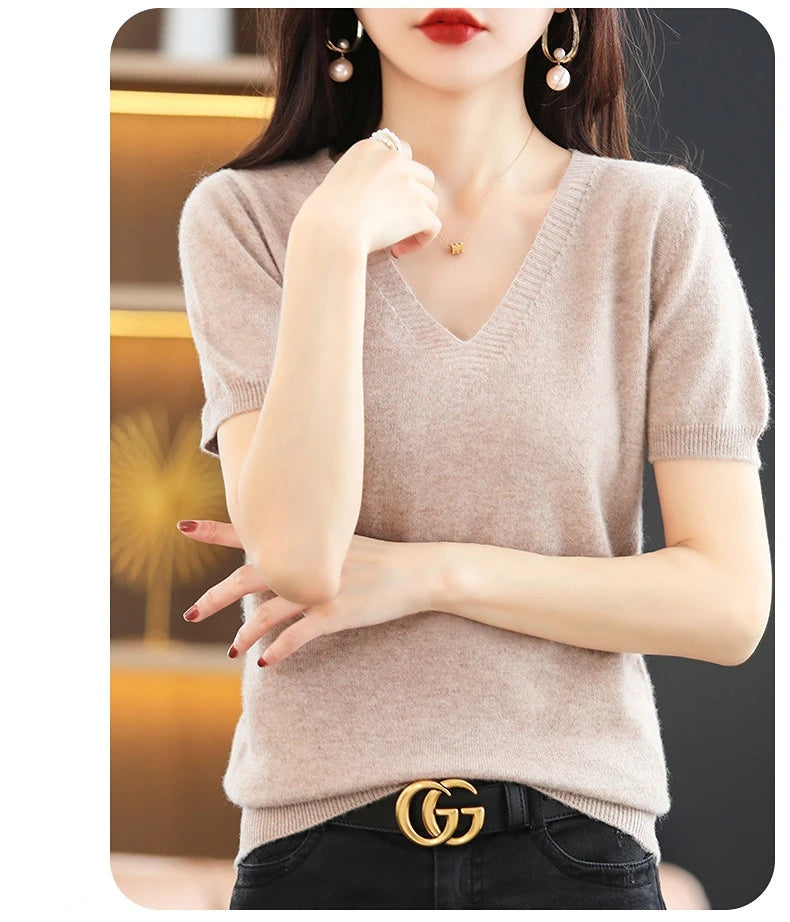 Spring Summer Women Sweater Knit Tshirts V-neck Short Sleeve Knitwears Korean Fashion Pullovers Solid Bottoming Shirt Jumper
