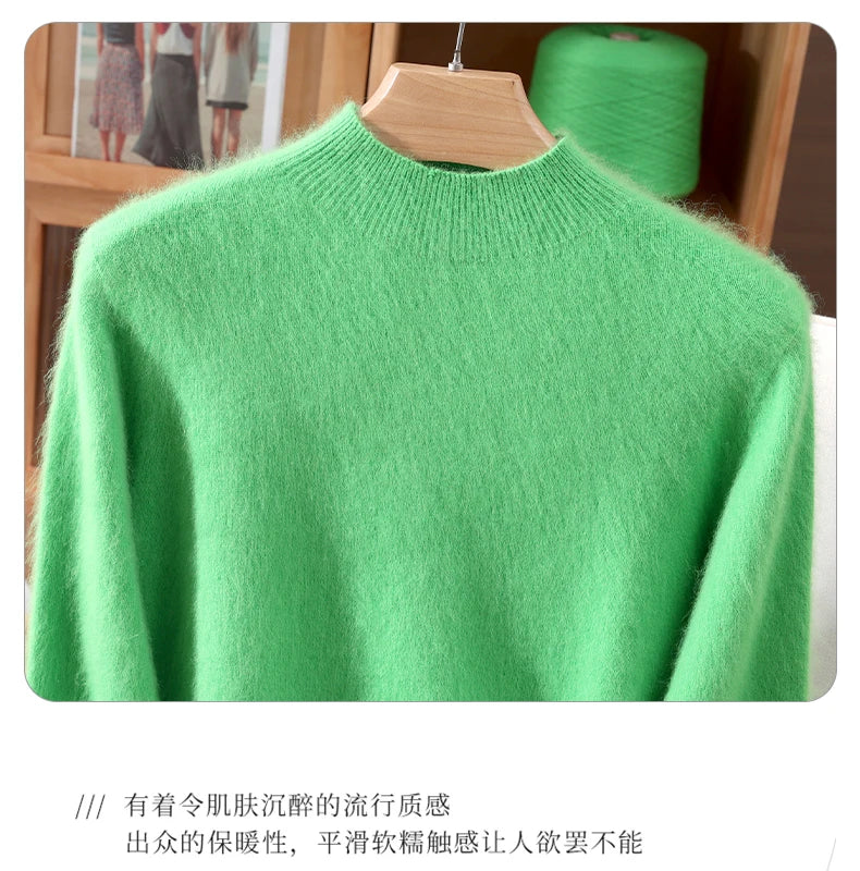 Women's Sweater Semi High Neck Autumn/Winter Pullover Long Sleeved High-End 100% Mink Fur Knitted Sweater Fashion Korean Version