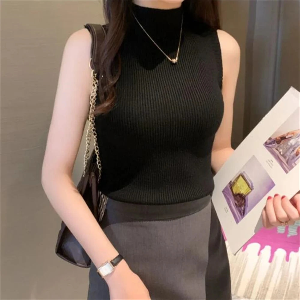 Turtleneck Sleeveless Vest for Women Fashion Party Green Office Lady Top Sexy Streetwear Basic Tank Top