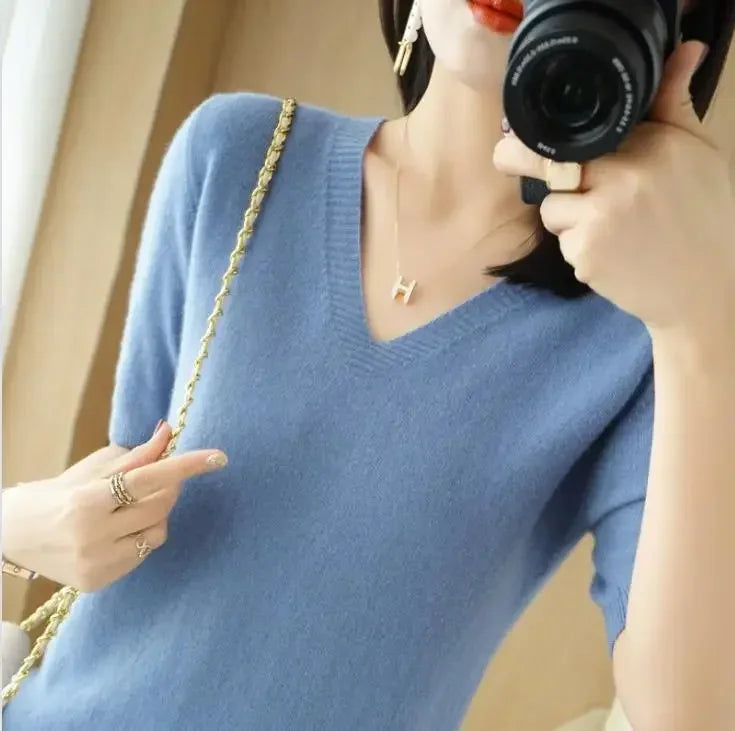 Spring Summer Women Sweater Knit Tshirts V-neck Short Sleeve Knitwears Korean Fashion Pullovers Solid Bottoming Shirt Jumper