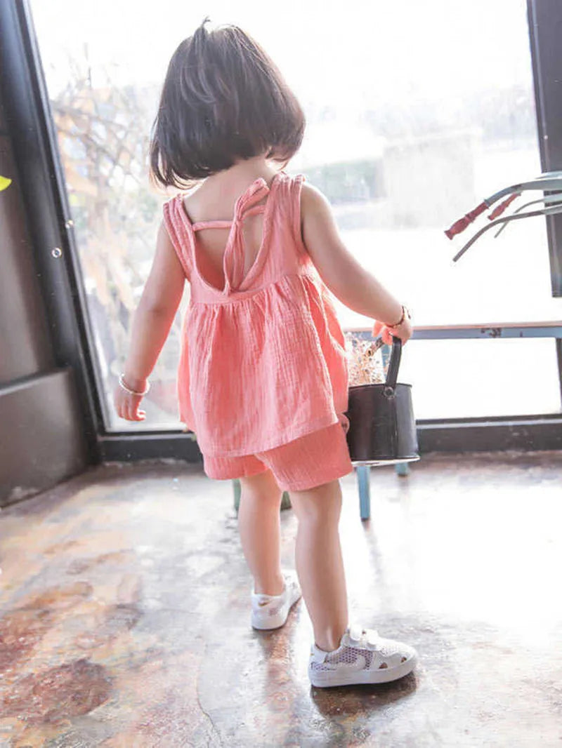 Baby Girls Outfits Clothes Summer Muslin Cotton Sleeveless Vest Dress Shorts Shirt Suits Fashion Top+Trousers Sets 2pcs 0-4T M