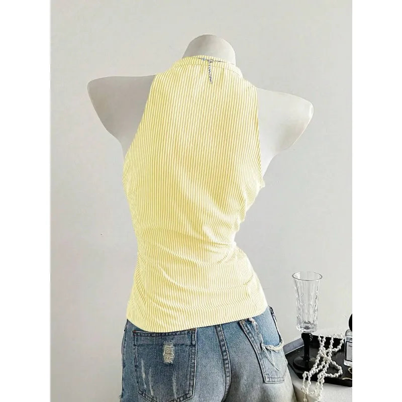 2025 Sexy Fashion Causal Stripe V Neck Sleeveless Holiday Design Plaid Skinny Halter Women Tank Chic Holiday Streetwear Tanks