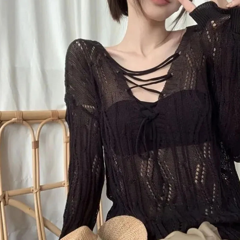 Fashion Two-Sided Wear Knitted Pullover Women Summer Thin Hollow Out Sunscreen Knitwear Woman Streetwear Loose See Through Tops