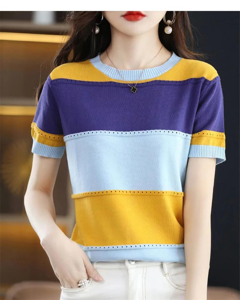 2024 Summer New Ice Silk T-shirt Short-sleeved Stripes knitted Pullover Womens Color Matching Hollow Thin Knitted Sweater Ladies