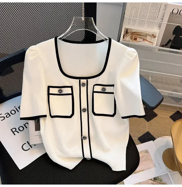 Summer Sweater Women's Knit T-shirt Casual Short Sleeve Woman Clothes Versatile Square Collar Lady Pullover Knitwear Tops Jumper
