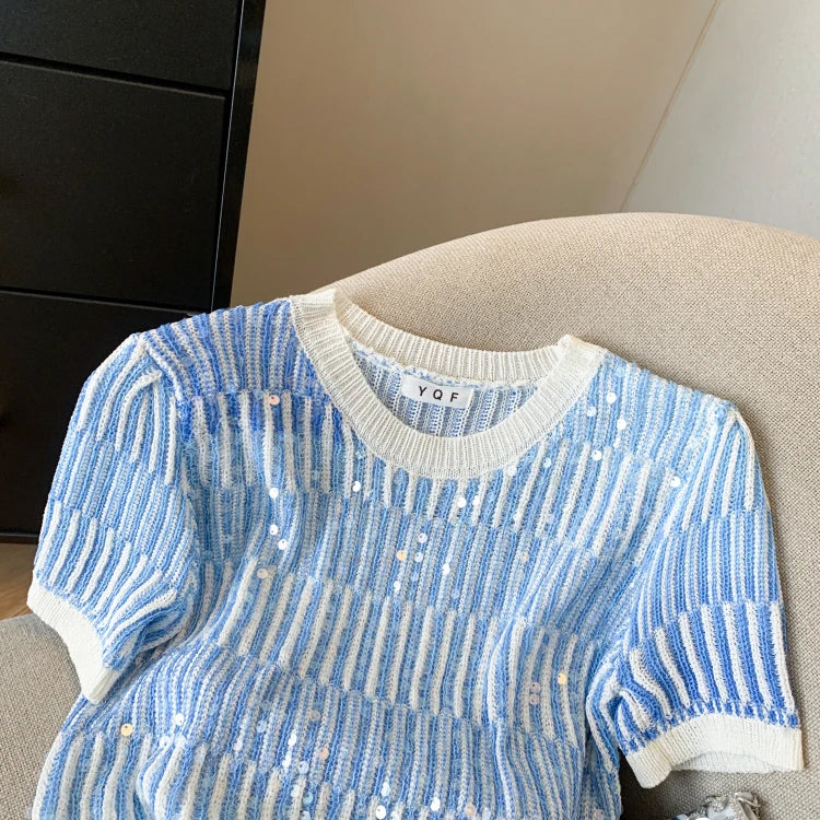 Summer Women's Sweater Sequins Striped Slim Knit Pullovers T-shirts Crop Tops Stylish Chic Fashion Short Sleeve O-neck Jumpers