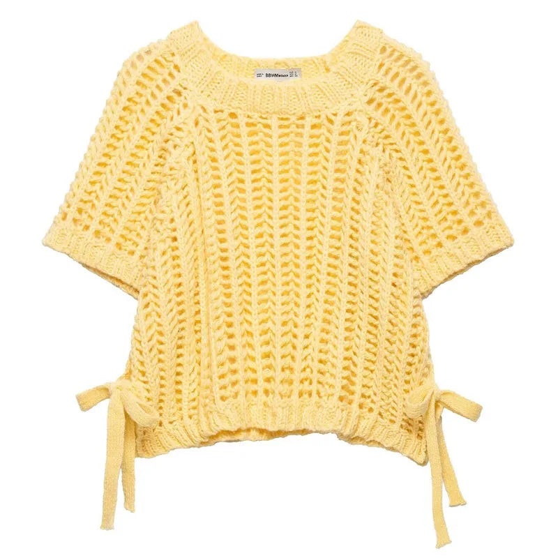 Female Clothing Cropped Net Sweater Cardigan For Women Korean Fashion Summer Knit Short Sleeve Cute Elegant Woman Crochet Top