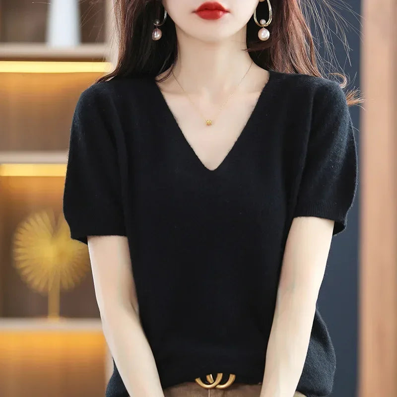 Spring Summer Women Sweater Knit Tshirts V-neck Short Sleeve Knitwears Korean Fashion Pullovers Solid Bottoming Shirt Jumper