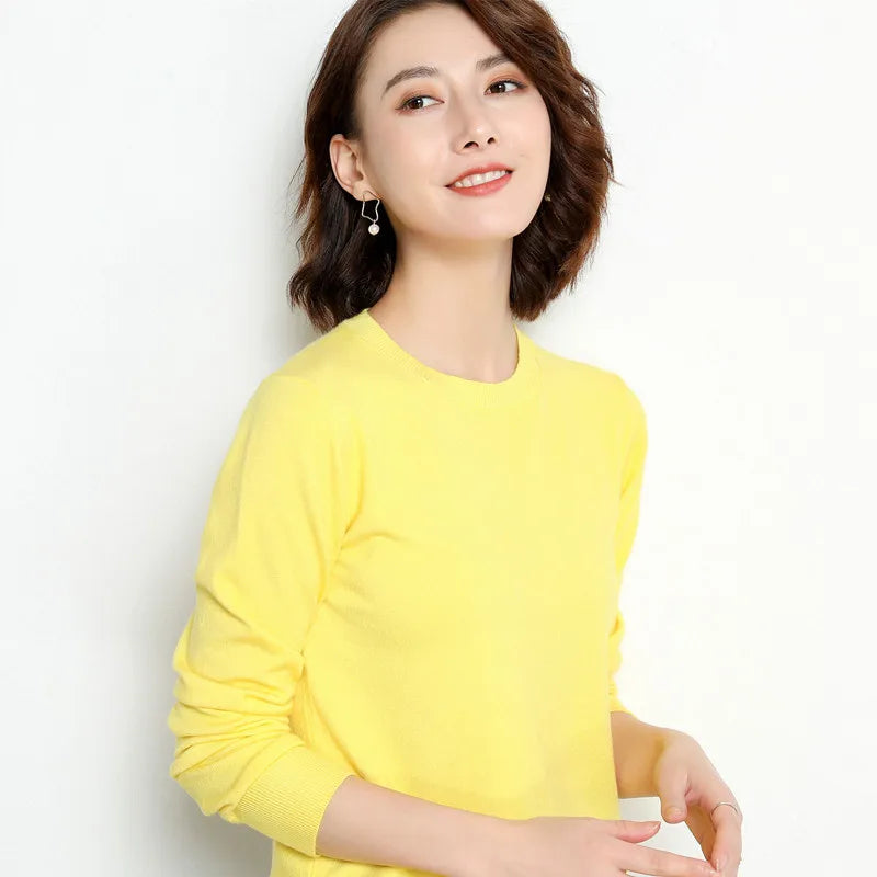 Women Merino Wool Sweater O-Neck Pullover Spring Autumn Long Sleeve Knitwear Slim Solid Color Fashion Bottoming Clothing Tops