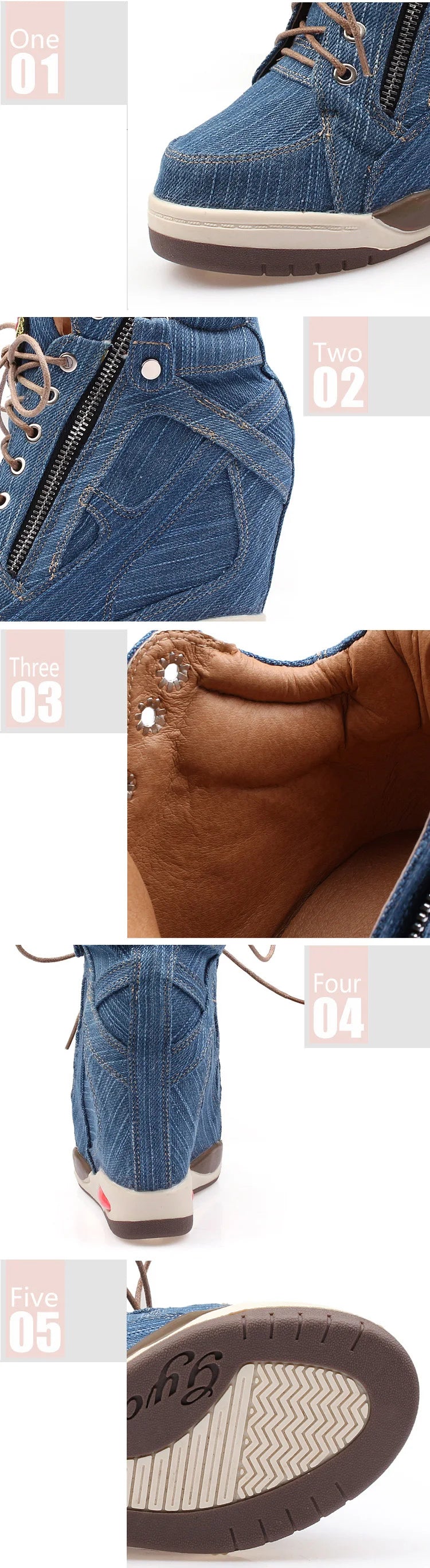 Women's Denim Wedges high top sneakers Platform Casual Fashion Woman Zipper Vulcanized Shoes Thick Bottom Big Size 41