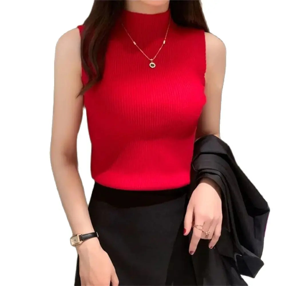 Turtleneck Sleeveless Vest for Women Fashion Party Green Office Lady Top Sexy Streetwear Basic Tank Top