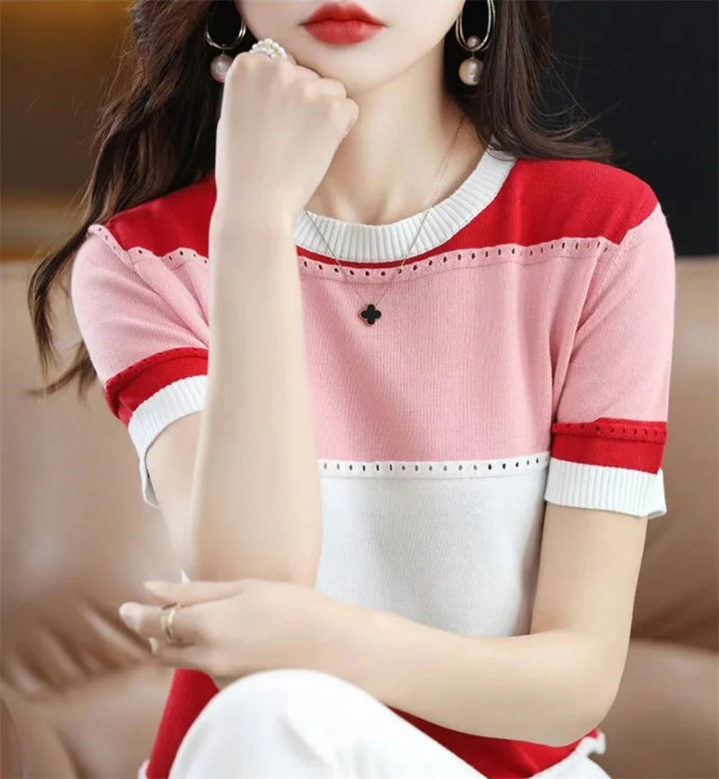 2024 Summer New Ice Silk T-shirt Short-sleeved Stripes knitted Pullover Womens Color Matching Hollow Thin Knitted Sweater Ladies