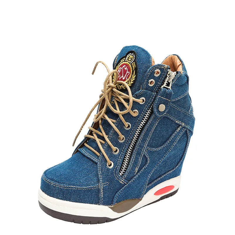 Women's Denim Wedges high top sneakers Platform Casual Fashion Woman Zipper Vulcanized Shoes Thick Bottom Big Size 41