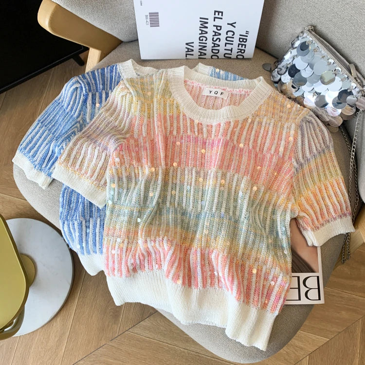 Summer Women's Sweater Sequins Striped Slim Knit Pullovers T-shirts Crop Tops Stylish Chic Fashion Short Sleeve O-neck Jumpers