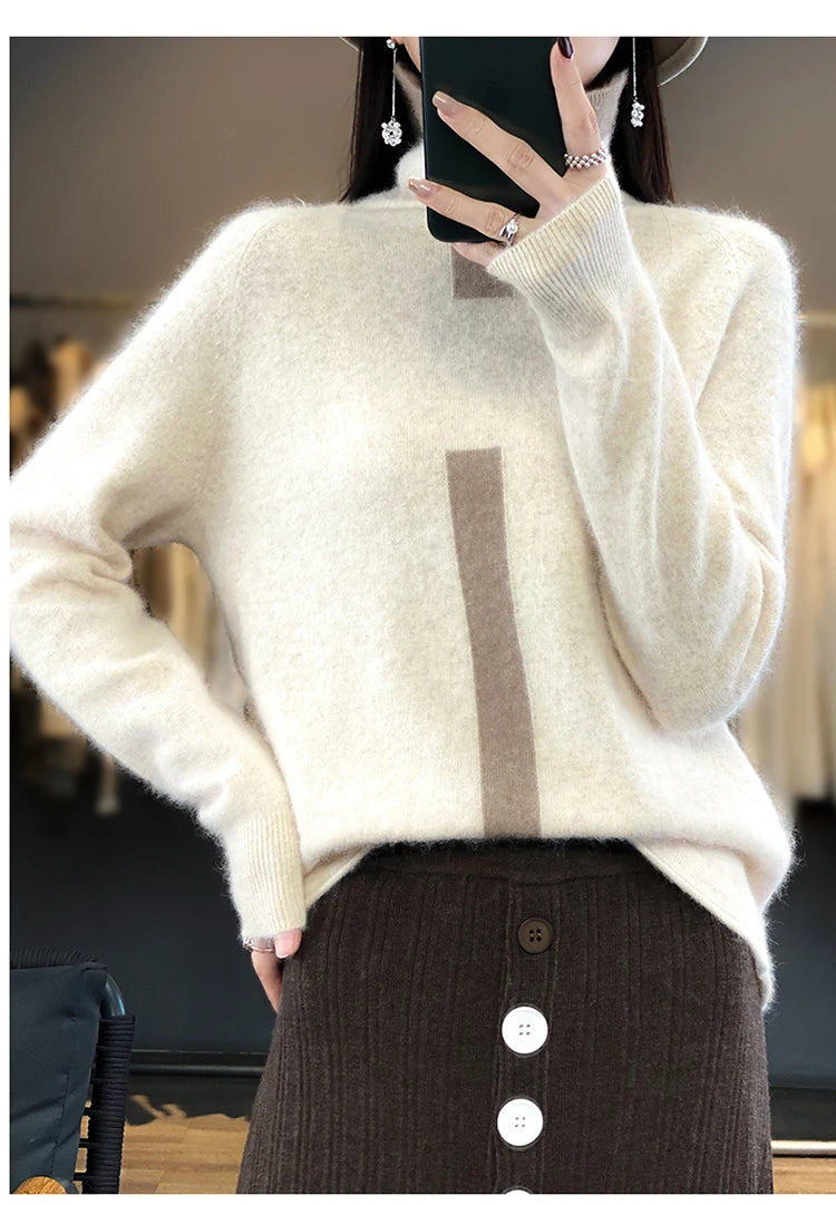 RONGYI 100% Mink Cashmere Women's Turtleneck Pullover Knitted Color Matching Fashion Casual Coat Autumn And Winter Hot Top
