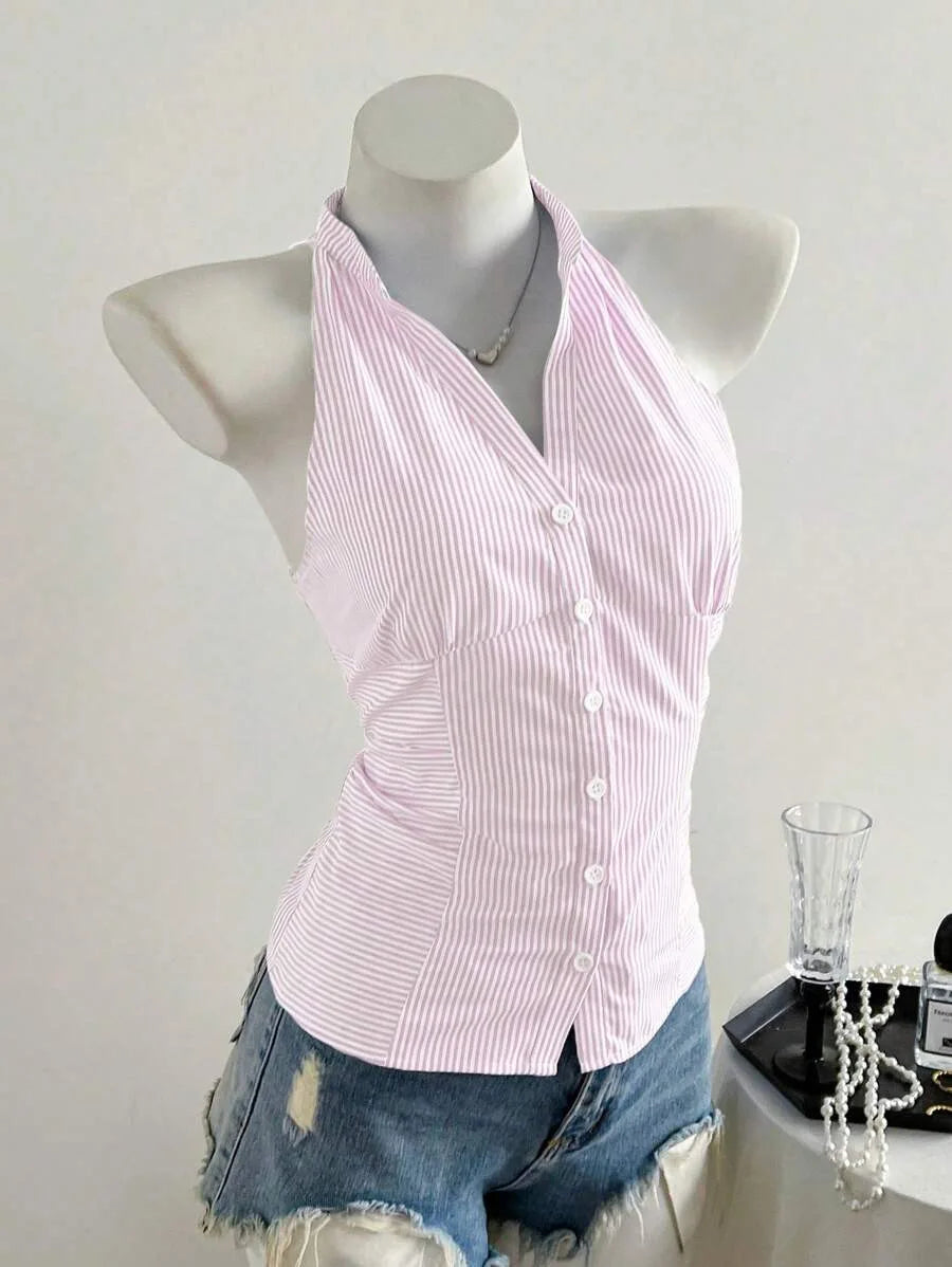 2025 Sexy Fashion Causal Stripe V Neck Sleeveless Holiday Design Plaid Skinny Halter Women Tank Chic Holiday Streetwear Tanks