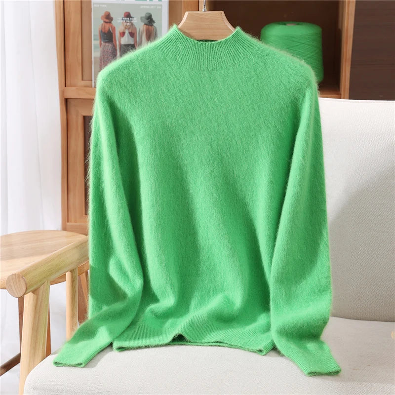 Women's Sweater Semi High Neck Autumn/Winter Pullover Long Sleeved High-End 100% Mink Fur Knitted Sweater Fashion Korean Version