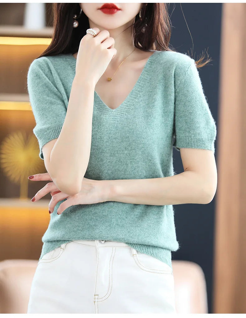 Spring Summer Women Sweater Knit Tshirts V-neck Short Sleeve Knitwears Korean Fashion Pullovers Solid Bottoming Shirt Jumper