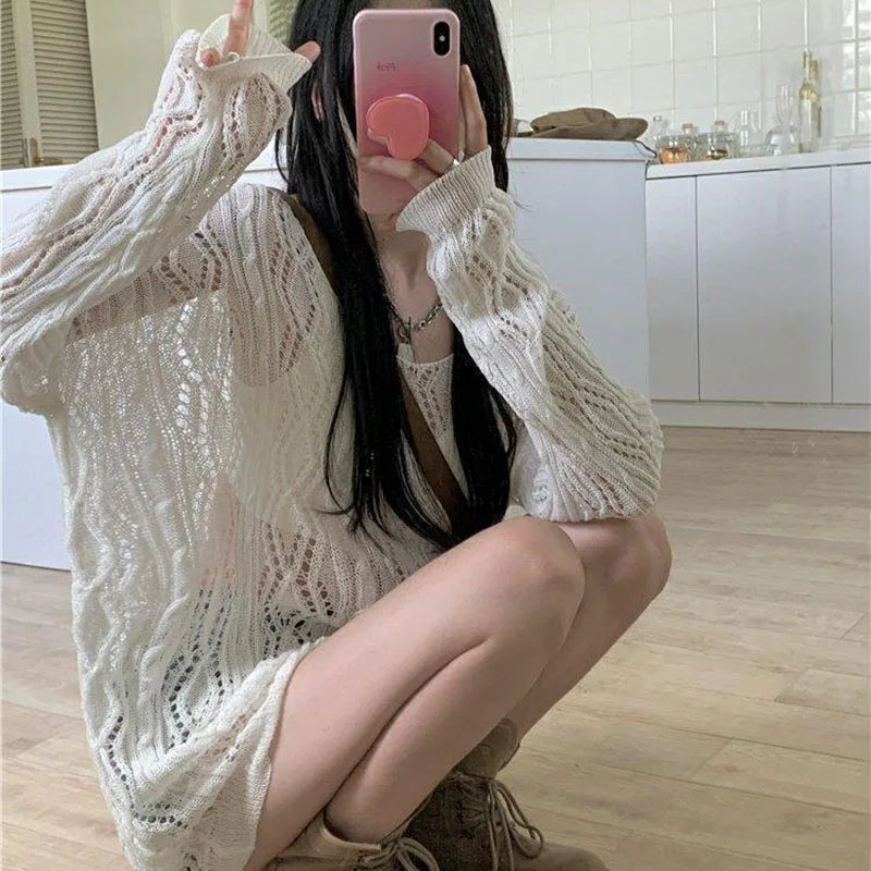 Fashion Two-Sided Wear Knitted Pullover Women Summer Thin Hollow Out Sunscreen Knitwear Woman Streetwear Loose See Through Tops