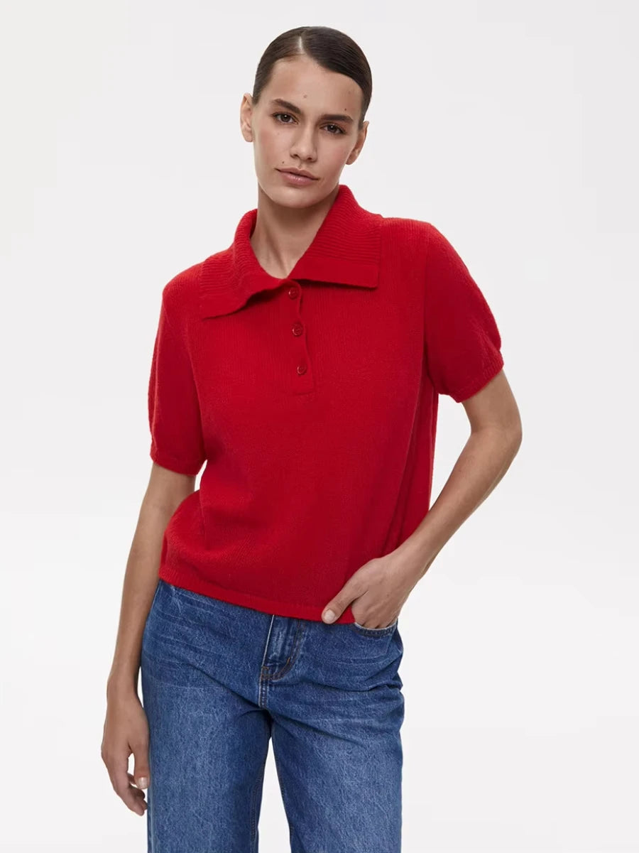 Wolfeel Summer New Polo Collar Hollow Knitted Short Sleeved Sweater Women's Bubble Sleeve T-shirt Female Simple Knitted Sweater