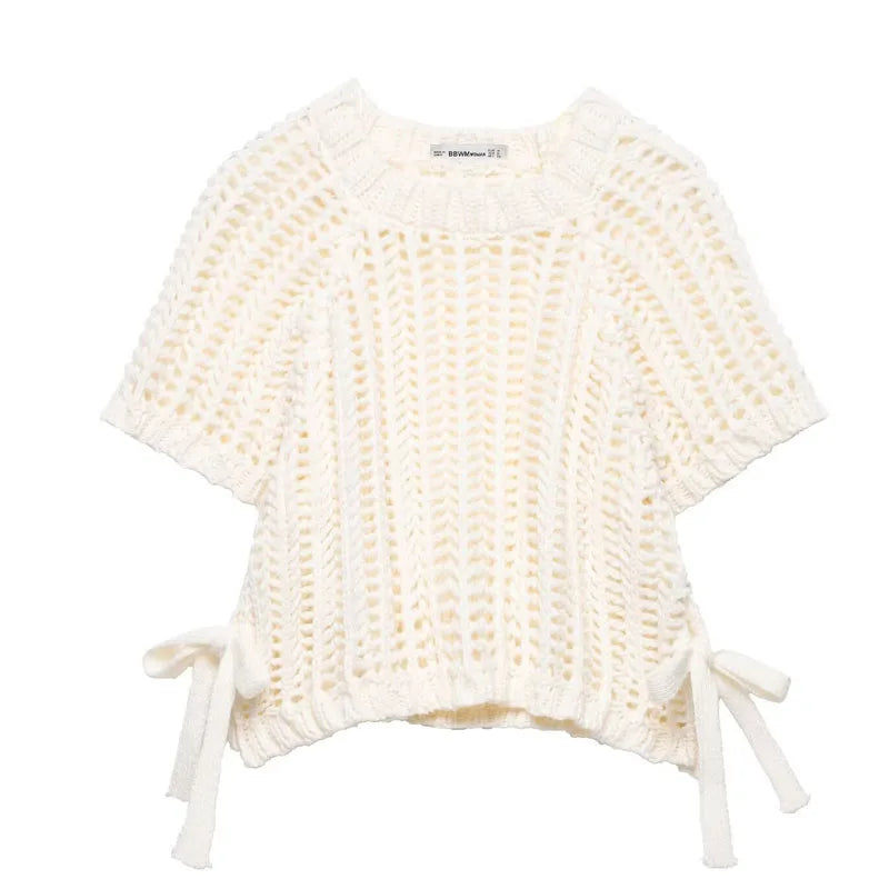 Female Clothing Cropped Net Sweater Cardigan For Women Korean Fashion Summer Knit Short Sleeve Cute Elegant Woman Crochet Top