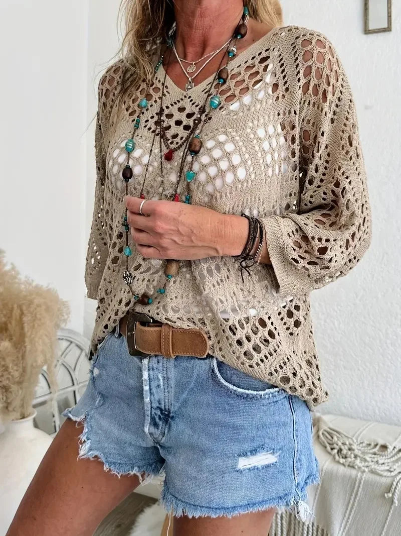 New Sexy V Neck Hollow Out Knitted Sweater Spring Solid Half Sleeve Cape Top Pullover Autumn Fashion Cover Up Women Beach Top