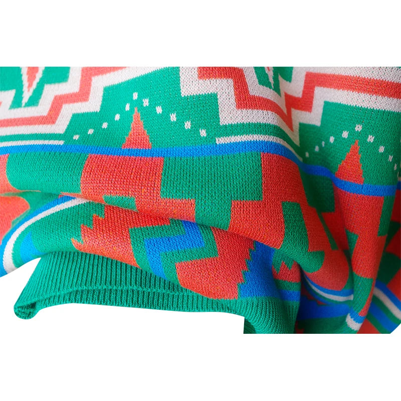 Summer Vintage Patchwork Geometric Pattern Knitted Sweater Women Fashion O-Neck Short Sleeve Knitted Pullover Tops Knitwear