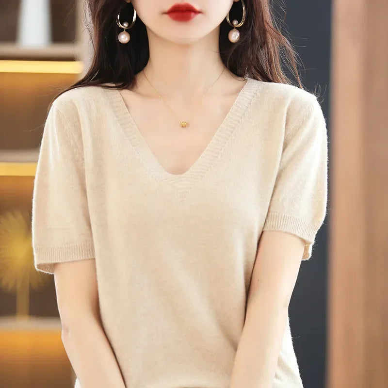 Spring Summer Women Sweater Knit Tshirts V-neck Short Sleeve Knitwears Korean Fashion Pullovers Solid Bottoming Shirt Jumper