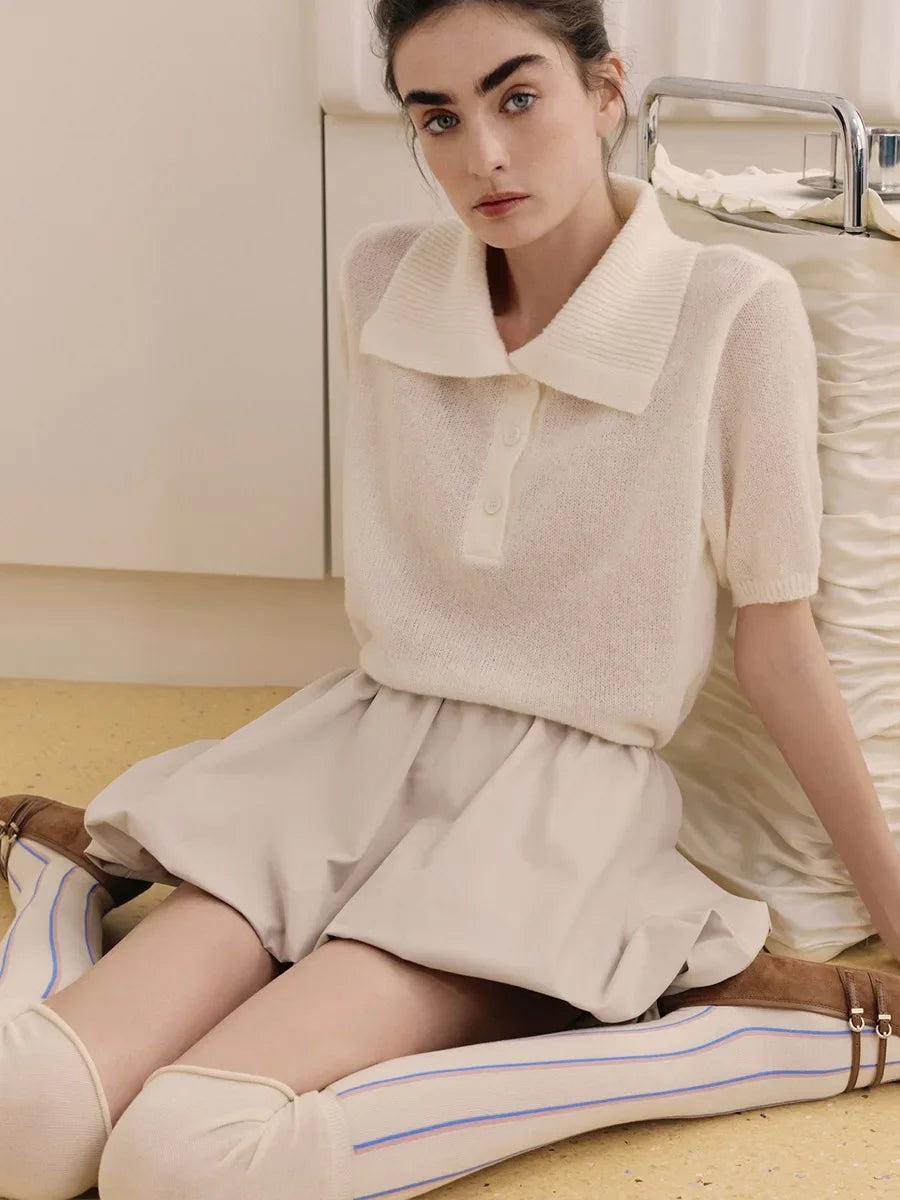 Wolfeel Summer New Polo Collar Hollow Knitted Short Sleeved Sweater Women's Bubble Sleeve T-shirt Female Simple Knitted Sweater