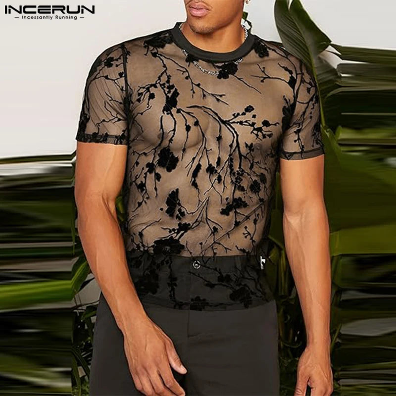 2023 Men T Shirt Mesh Striped O-neck Short Sleeve Transparent Men Clothing Streetwear Sexy Korean Fashion Tee Tops S-5XL INCERUN
