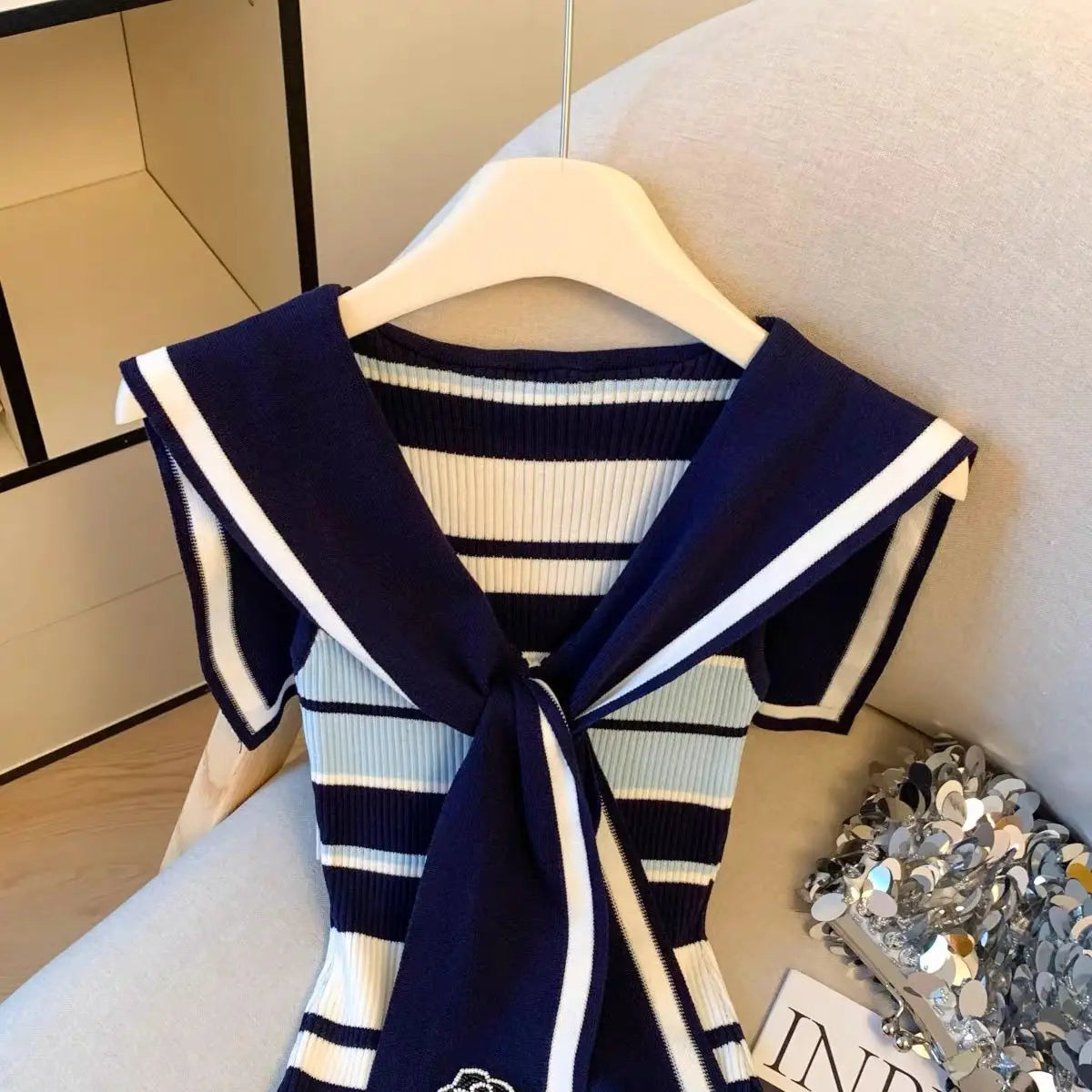 2025 Summer New Sleeveless Sailor Collar Striped Top Tee Lacing Female Casual Knitting Preppy Style Slim Pullovers Women Clothes
