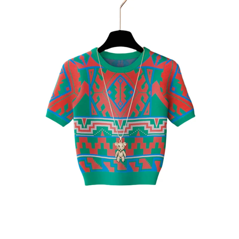 Summer Vintage Patchwork Geometric Pattern Knitted Sweater Women Fashion O-Neck Short Sleeve Knitted Pullover Tops Knitwear