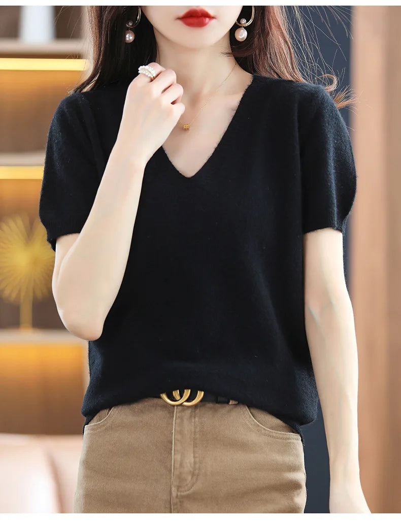 Spring Summer Women Sweater Knit Tshirts V-neck Short Sleeve Knitwears Korean Fashion Pullovers Solid Bottoming Shirt Jumper