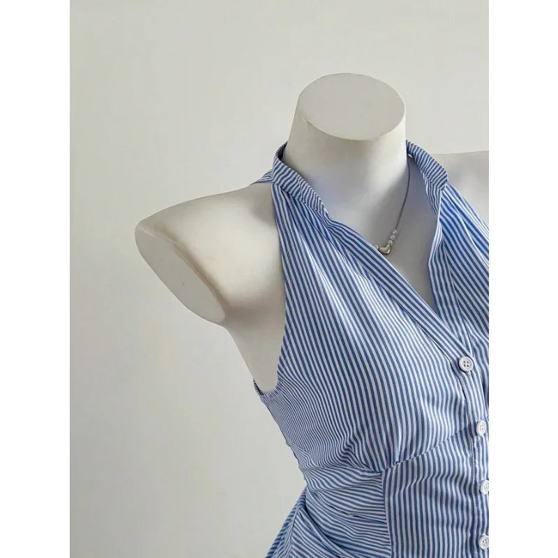 2025 Sexy Fashion Causal Stripe V Neck Sleeveless Holiday Design Plaid Skinny Halter Women Tank Chic Holiday Streetwear Tanks