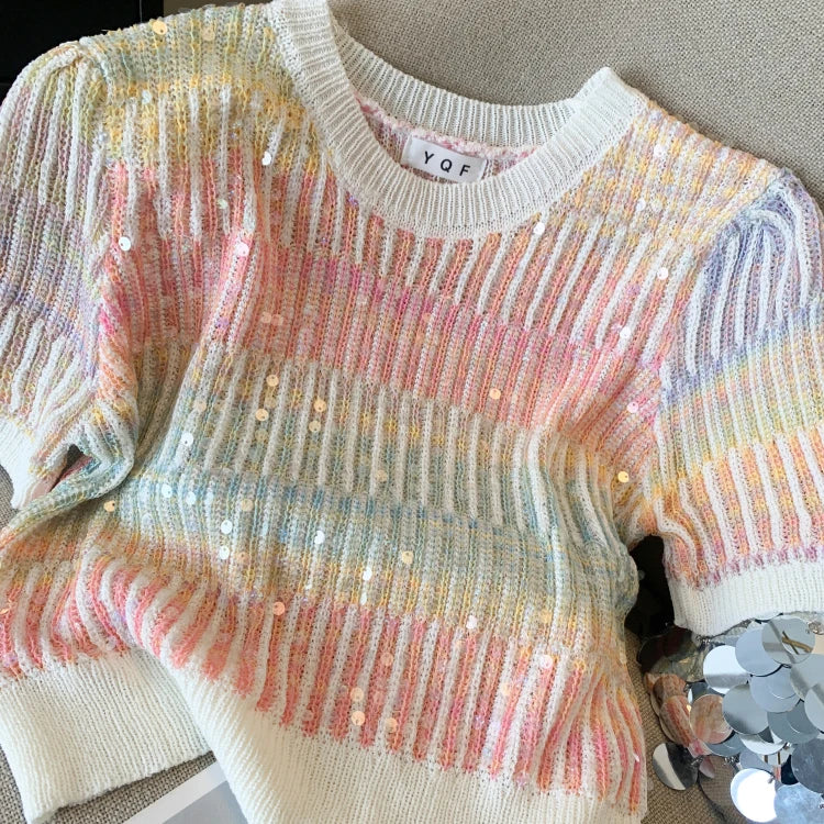 Summer Women's Sweater Sequins Striped Slim Knit Pullovers T-shirts Crop Tops Stylish Chic Fashion Short Sleeve O-neck Jumpers