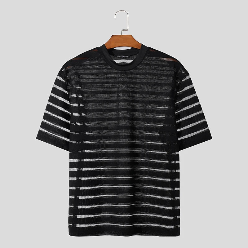 2023 Men T Shirt Mesh Striped O-neck Short Sleeve Transparent Men Clothing Streetwear Sexy Korean Fashion Tee Tops S-5XL INCERUN