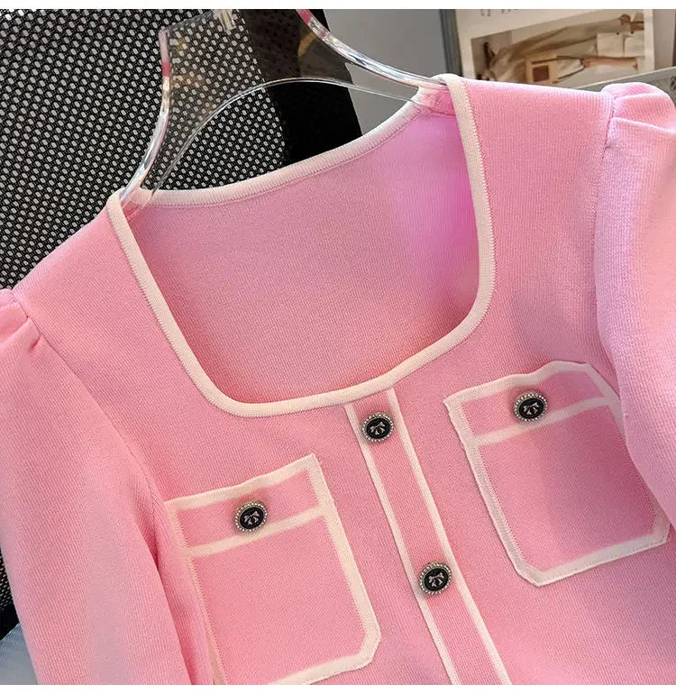 Summer Sweater Women's Knit T-shirt Casual Short Sleeve Woman Clothes Versatile Square Collar Lady Pullover Knitwear Tops Jumper